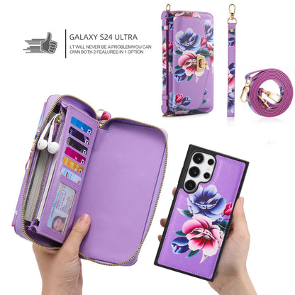 Phone Case Smartphone Android Cases Samsung Galaxy S25 Ultra Accessories Magsafe Wallet Luxury Lanyard Leather Zipper Flower Bag SS69