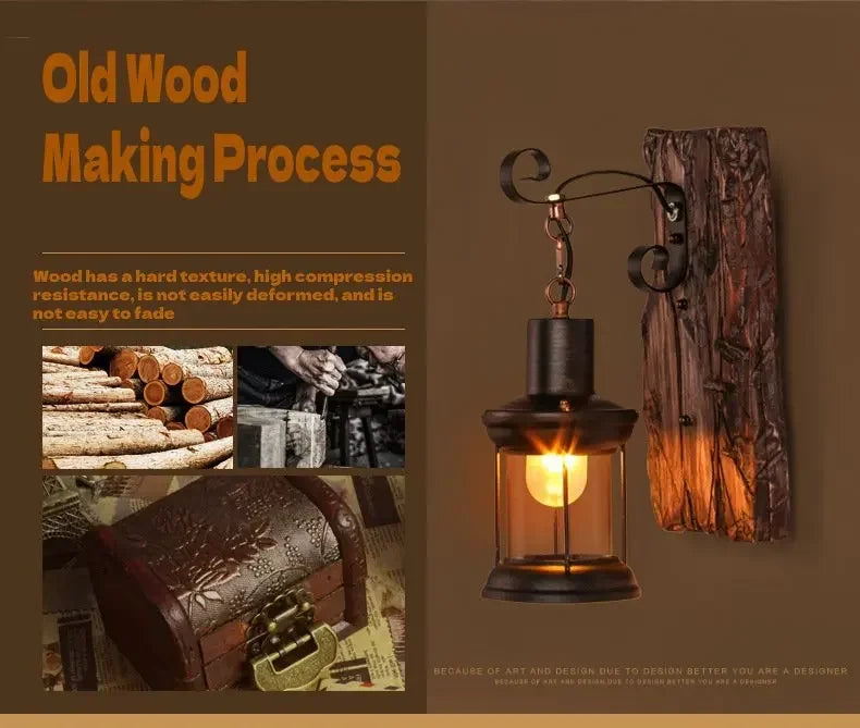 JIANKEXING Vintage Industrial Wall Lamp, Rustic Wood and Metal Wall Sconce