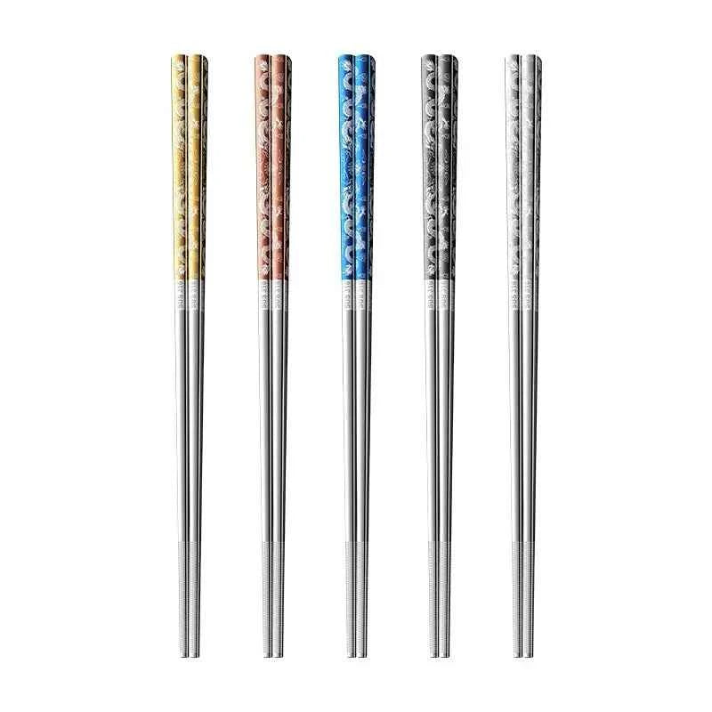 5 pairs 316L Stainless Steel Chopsticks Dragon Pattern New Style Chopsticks Food Grade Household Anti Mildew Extended Chopsticks