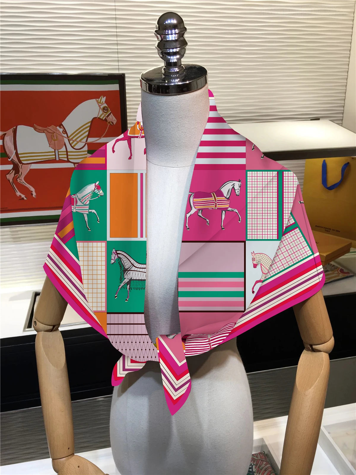 90cm Classic Checkered Horse Brand Square Scarf Women Twill Silk Scarf Shawl Hijab Luxury Bandana Foulard Neckerchief Head Scarf SS69