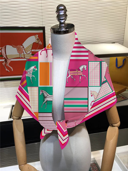90cm Classic Checkered Horse Brand Square Scarf Women Twill Silk Scarf Shawl Hijab Luxury Bandana Foulard Neckerchief Head Scarf SS69