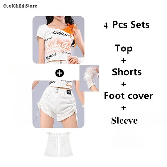 Girls K-pop Off Shoulder Crop Top Lace Cargo Pants Dance Shorts Kids Hip Hop Streetwear Children Jazz Girl Group Clothes Sets