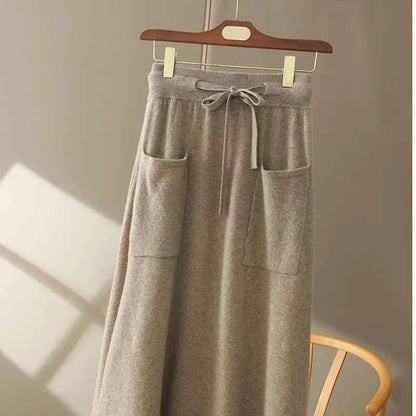 Autumn And Winter100% Pure Wool Skirt Women's Long Pocket Small A Skirt High Waist Slim Cashmere Knit A-Line Skirt