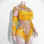 Custom rhinestones bodysuit tassels women Celebrate stage Team pole dance club party fashion leotard clothing