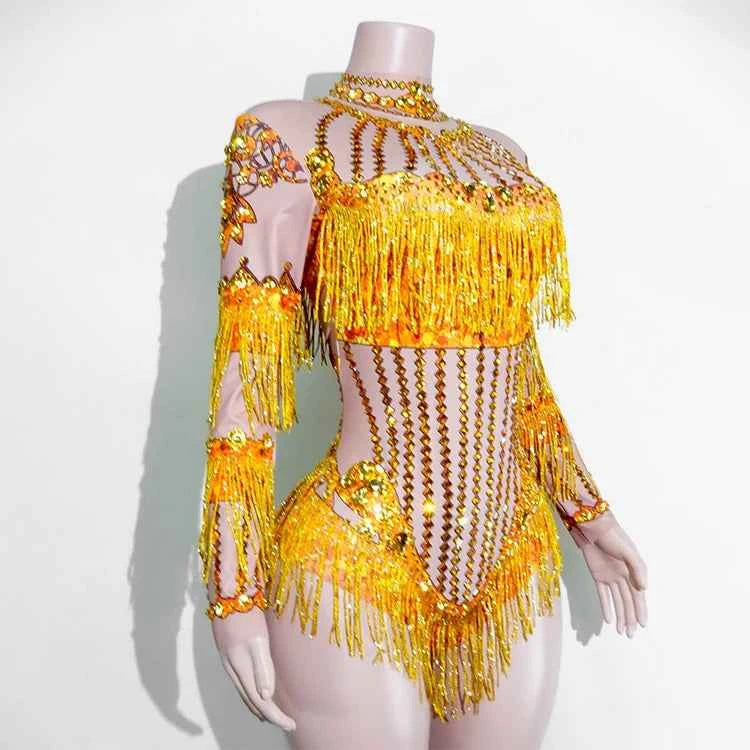 Custom rhinestones bodysuit tassels women Celebrate stage Team pole dance club party fashion leotard clothing