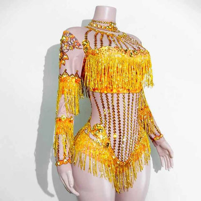 Custom rhinestones bodysuit tassels women Celebrate stage Team pole dance club party fashion leotard clothing