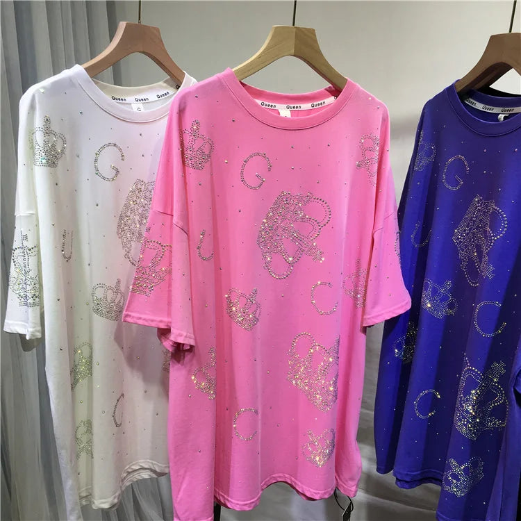Oversized European top summer new fashion loose rhinestone diamond crown iron diamond women's short-sleeved T-shirt SS69 26.69 Pink / 2XL