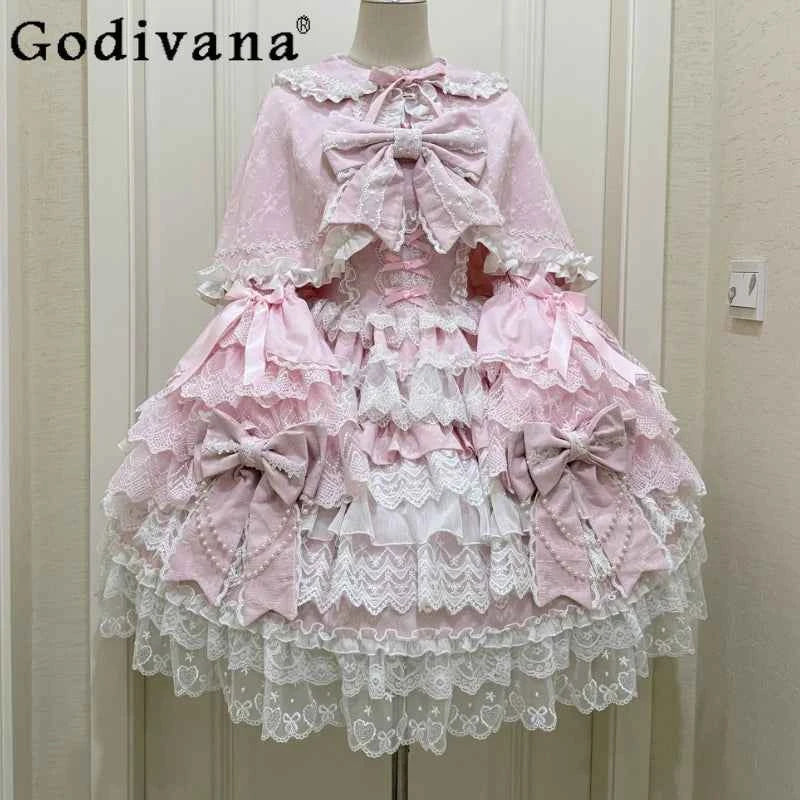 Women's Pink Lolita Dress Cape Set New Spring Women's Sweet Girl Lace Princess Jsk Cake Dress Fairy Suspender Dress Shirt Outfit