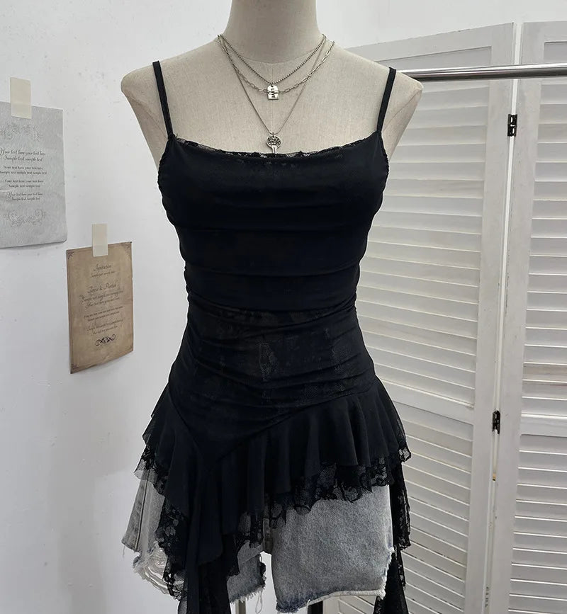 Women's Vintage Tie-dye Printed Mesh Spaghetti Strap Camisole Hot Girl Irregular Ruffled Ribbon Sleeveless Top Partyclub 1185