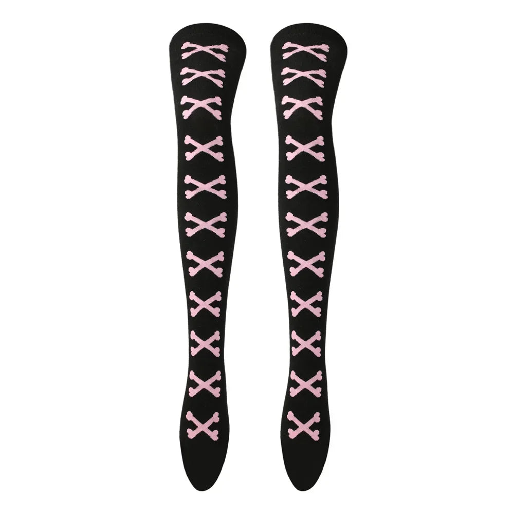 SS69 Women's Bone Print Thigh High Socks - Cotton Blend Cosplay Stockings