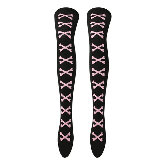 SS69 Women's Bone Print Thigh High Socks - Cotton Blend Cosplay Stockings