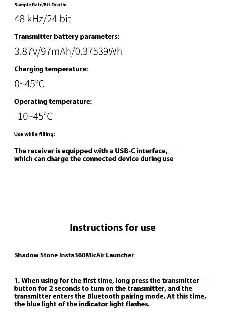 Insta360 X5 Mic Air Transmitter 48khz High-Quality Noise Reduction Compatibility Flow 2 Pro Custom  Recording Upport One-Click