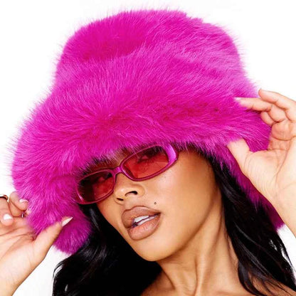 2025 Fluffy Faux Fur Bucket Hats Women Rabbit Fur Warm Thick Plush Winter Hat Lady Fashion Luxury Panama Furry Fisherman Cap Y2k