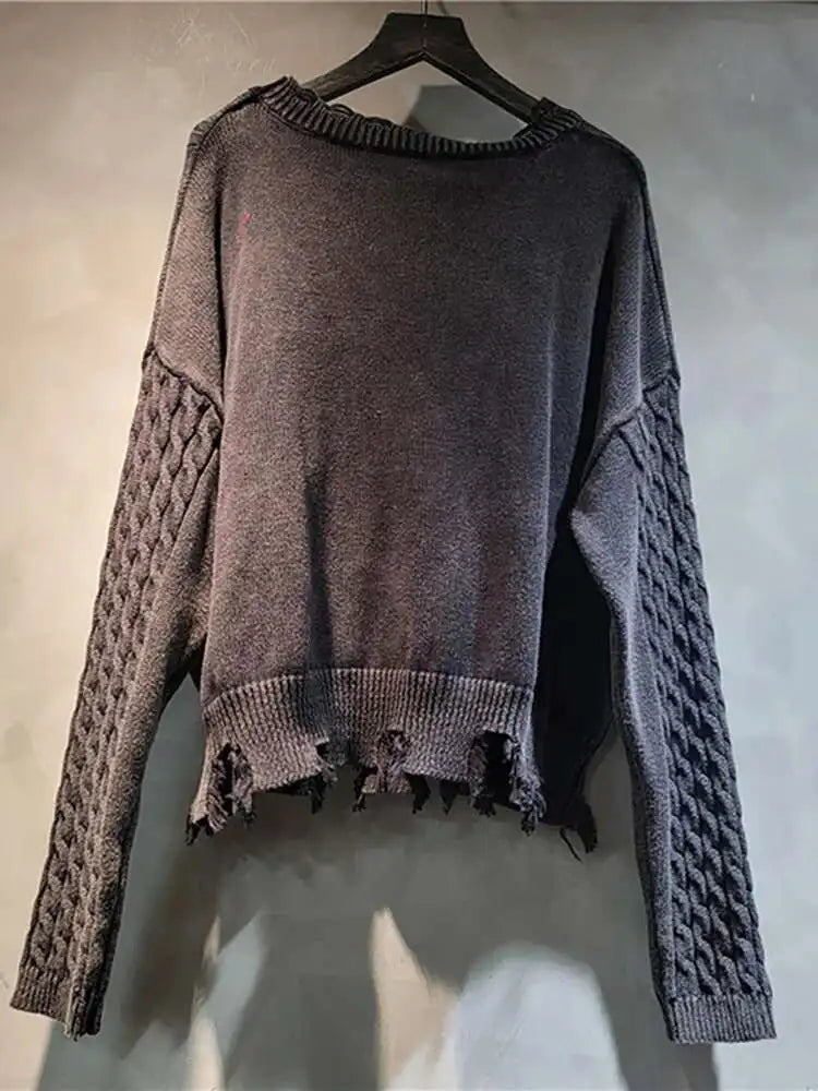 DEAT Women's Loose Knit Patchwork Lantern Sleeve Sweater