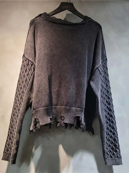DEAT Women's Loose Knit Sweater Long Lantern Sleeve Patchwork Pullover