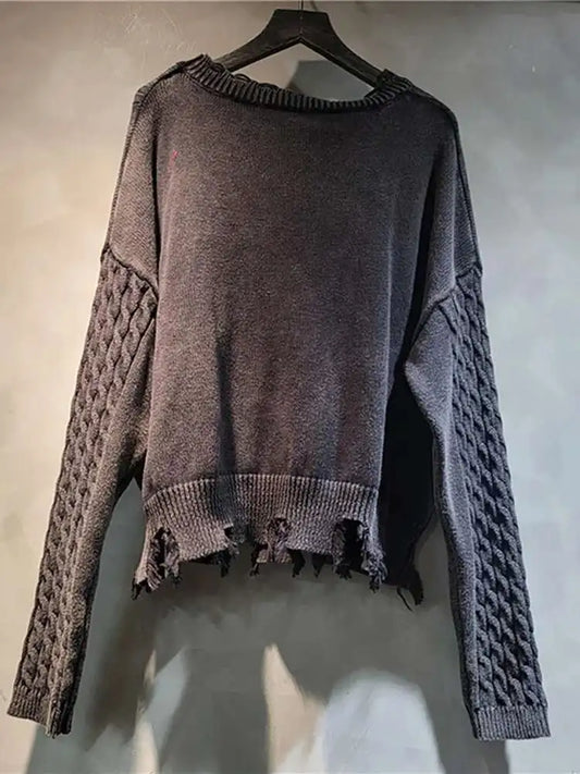 DEAT Women's Loose Knit Sweater Long Lantern Sleeve Patchwork Pullover
