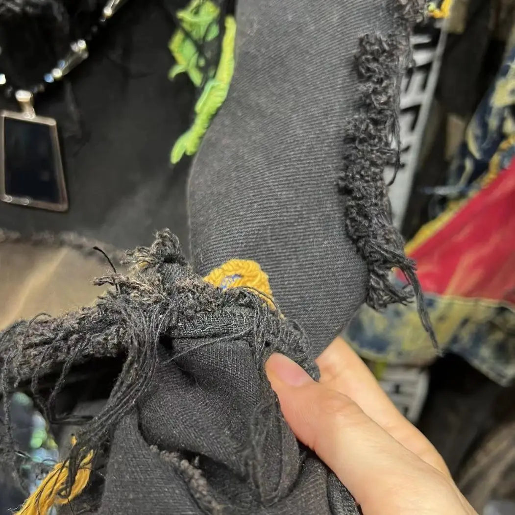 American retro old wash jeans vest women's fashion high-end stitching hole design short sleeveless hooded patch coat jacket. SS69