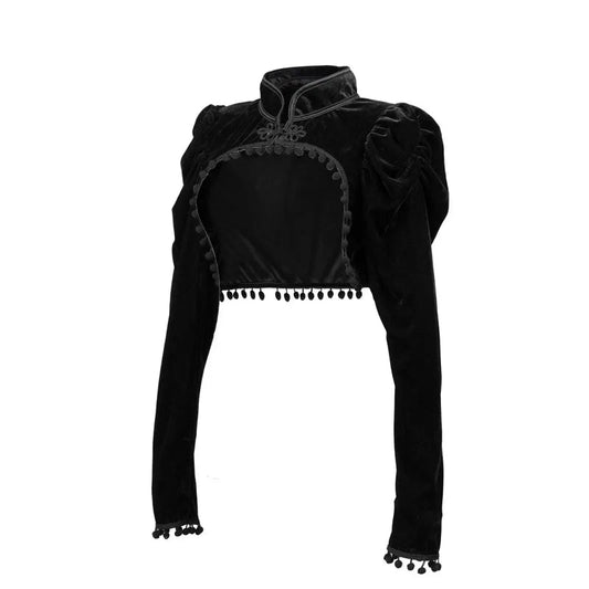 Medieval Steampunk Jacket Black Tassel Stand Collar Short Top Women Gothic Coat Navel-exposed Long Sleeve Retro Slim Fit Coats SS69