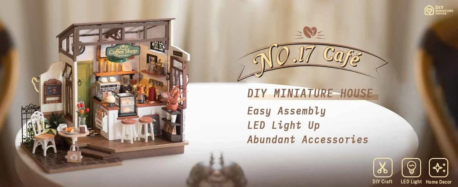 Robotime DIY Wooden Dollhouse Set  NO.17 Coffee Model Building Set with Accessories and LED Model Kit for Adult and Children