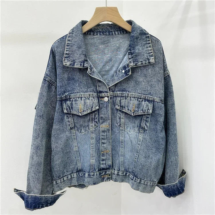 Streetwear Fashion Embroidery Sequins Denim Jacket Women Cowboy Outerwear Autumn Vintage Blue Big Pocket Jeans Jackets Female SS69