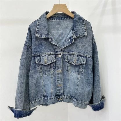 Streetwear Fashion Embroidery Sequins Denim Jacket Women Cowboy Outerwear Autumn Vintage Blue Big Pocket Jeans Jackets Female SS69