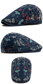 Vintage Floral Print Cotton Beret Hat - Adjustable Newsboy Cap