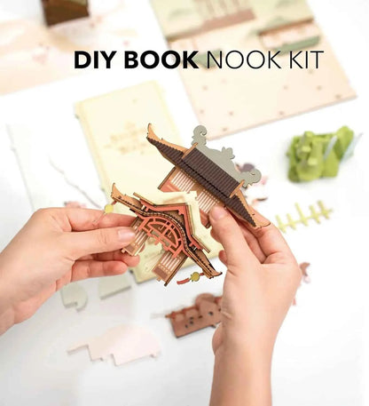 Robotime Rolife Falling Sakur Book Nook DIY Dollhouse Bookend Model Kit with LED Light Wooden Puzzle for Bookshelf Decor - TGB05