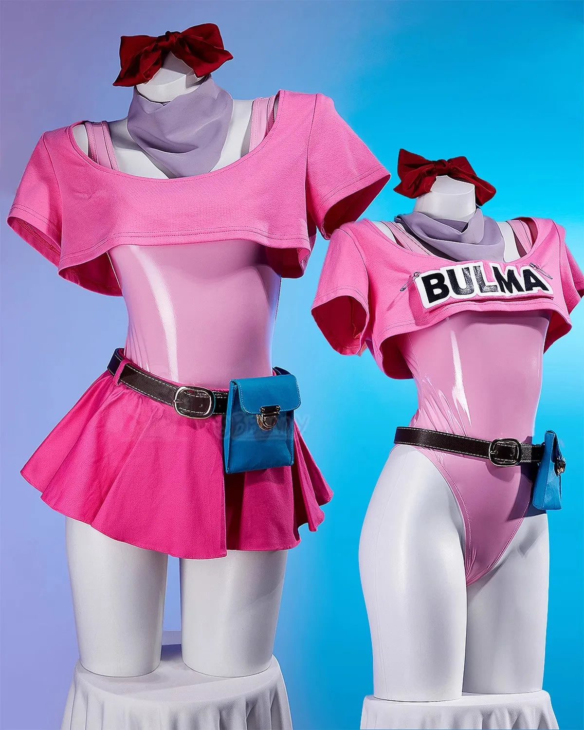 Anime Bulma Cosplay Costume Wig Women Short T-shirt Sexy Leather Bodysuit Headwear Scarf Belt Bag Set Halloween Carnival Clothes