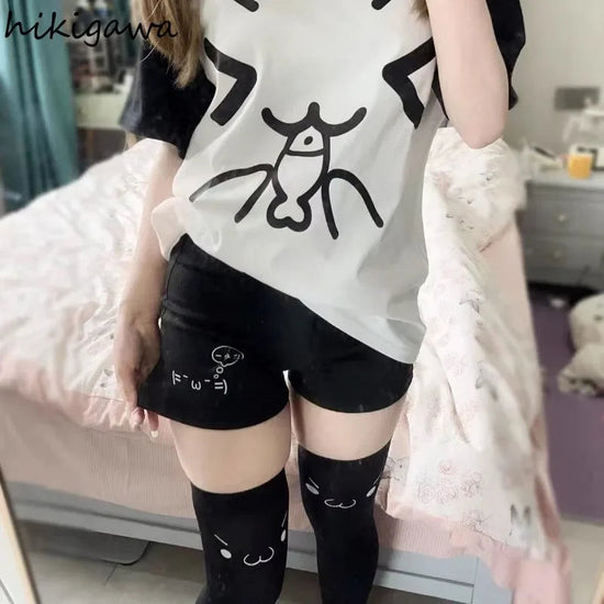 Cotton Shorts for Women Black Summer Pantalones Cortos De Mujer Print Japanese Fashion Casual Cute Pants 2025 New Bottoms 27x232 SS69