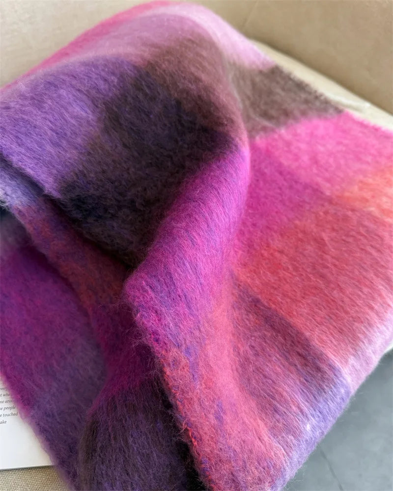 RUNMEIFACN Women's Winter Plaid Cashmere Blend Scarf with Tassels
