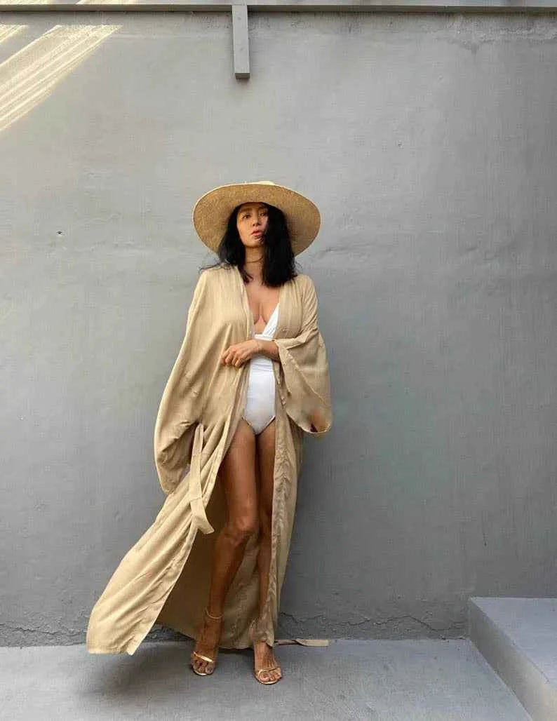 Solid Beach Cover Up Women Self Belted Wrap Kimono Dress Swimsuit 2025 New Robe Summer Beachwear Factory Supply
