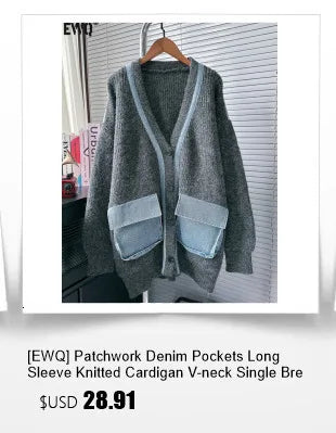 [EWQ] Vintage Long Sleeve Denim Pockets Patchwork V-Neck Orange-red Sweater Loose Tops Old Designs Women Pullover Knitted 6U1329 SS69