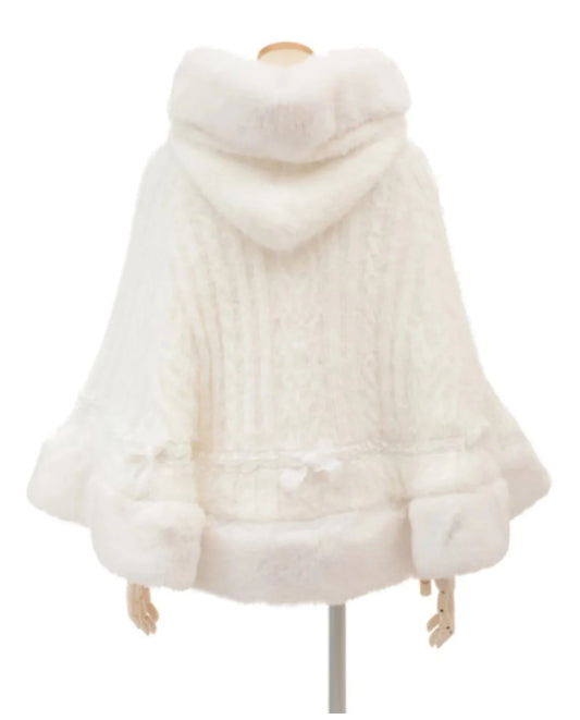 Godivana Lolita Faux Rabbit Fur Cape Coat with Rhinestone Bow and Hood