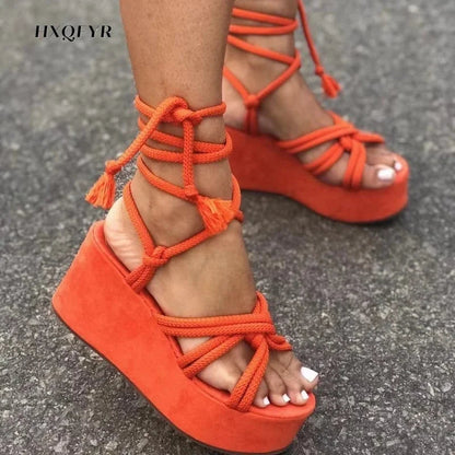 Sandal Women Summer Fashion  Sandals  Women's Wedge Sandals Cross Straps Casual Women's Shoes Women High Heels SS69 17.69 Orange / 42