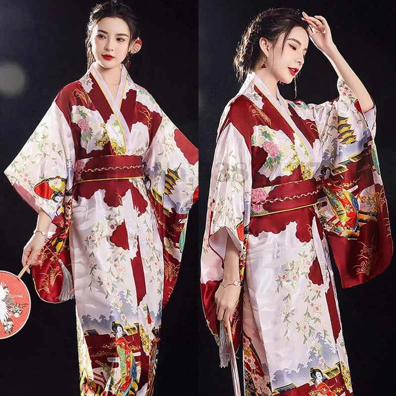 Women's Japan Kimono Gown Traditional Vintage Dress Fashion Print Geisha Robe Yukata with Obi Novelty Elegants Kimono Costume
