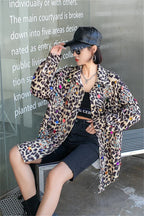 Harajuku Vintage Pearl Beaded Diamonds Leopard Print Women Thin Shirt Jacket Loose Casual Lapel Long Sleeve Female Jacket Coat SS69