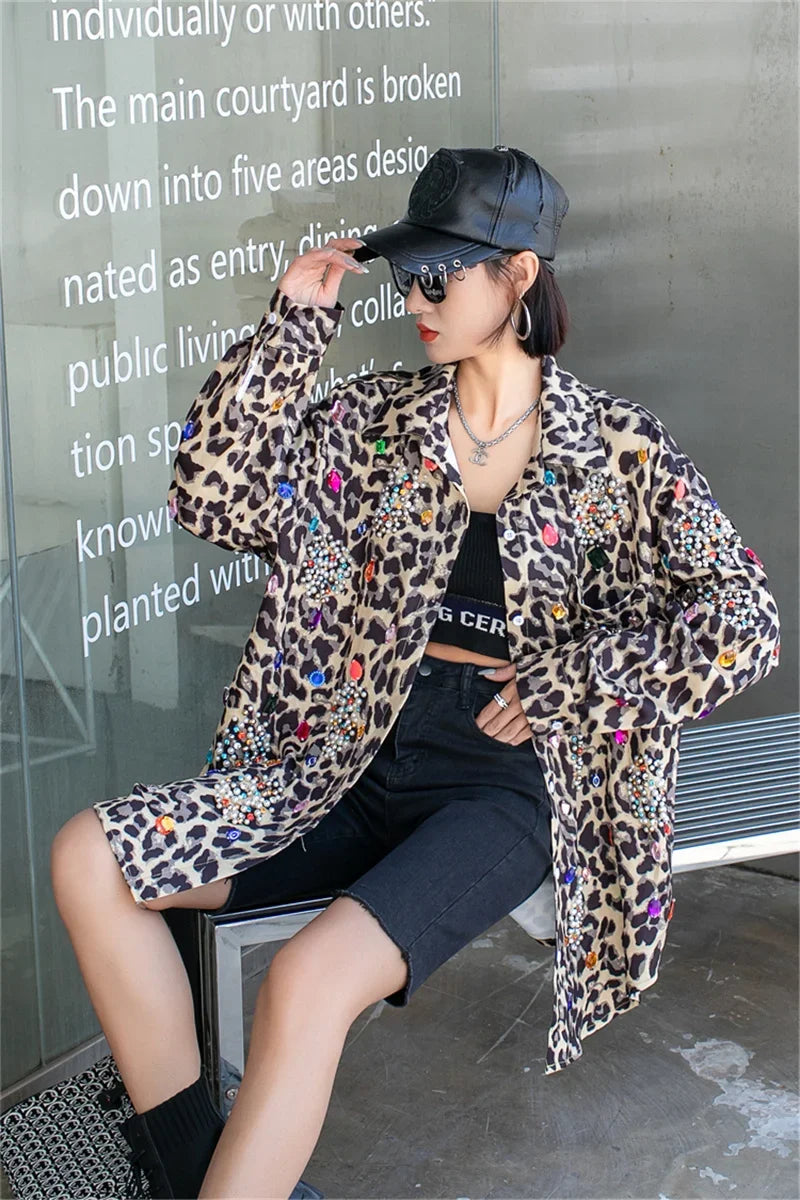 Harajuku Vintage Pearl Beaded Diamonds Leopard Print Women Thin Shirt Jacket Loose Casual Lapel Long Sleeve Female Jacket Coat SS69