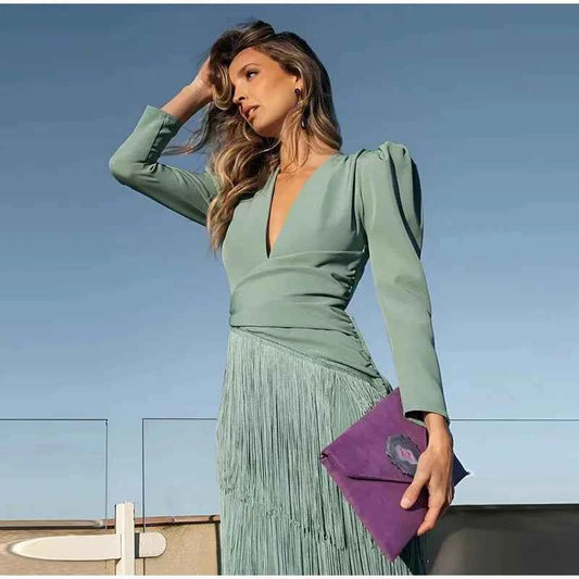 Women Stacked Tassel Maxi Dress Elegant Deep V Neck Full Sleeve Slim Fit Long Gowns Lady New Evening Party Fashion Robes 2025
