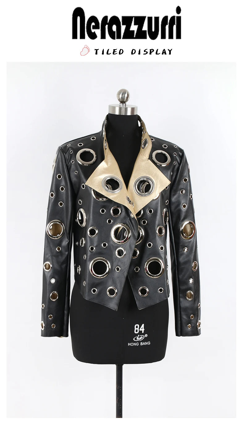 Nerazzurri Women's Faux Leather Jacket with Rivets & Hollow Out Detail