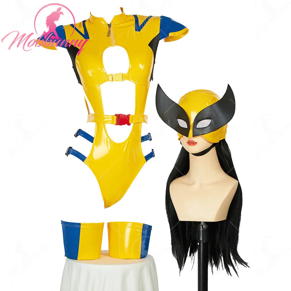 MOBBUNNY Women's PU Leather Bodysuit Cosplay Costume Set with Hat & Gloves