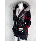 New Gothic geometric print red gradient zipper hoodie women fashion high street fur collar loose sweatshirt for men and women