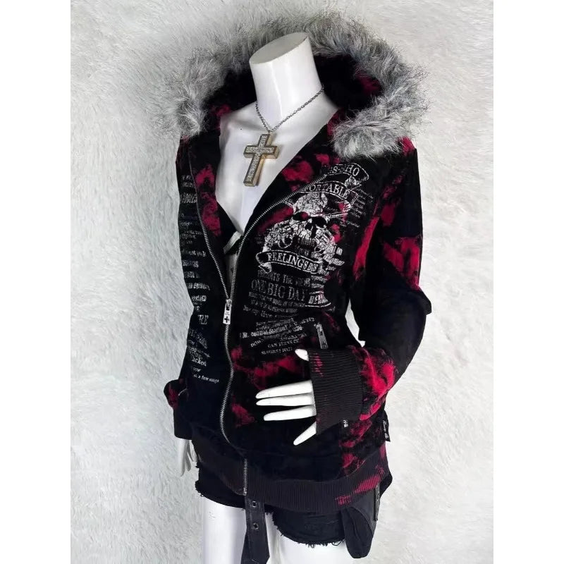 New Gothic geometric print red gradient zipper hoodie women fashion high street fur collar loose sweatshirt for men and women