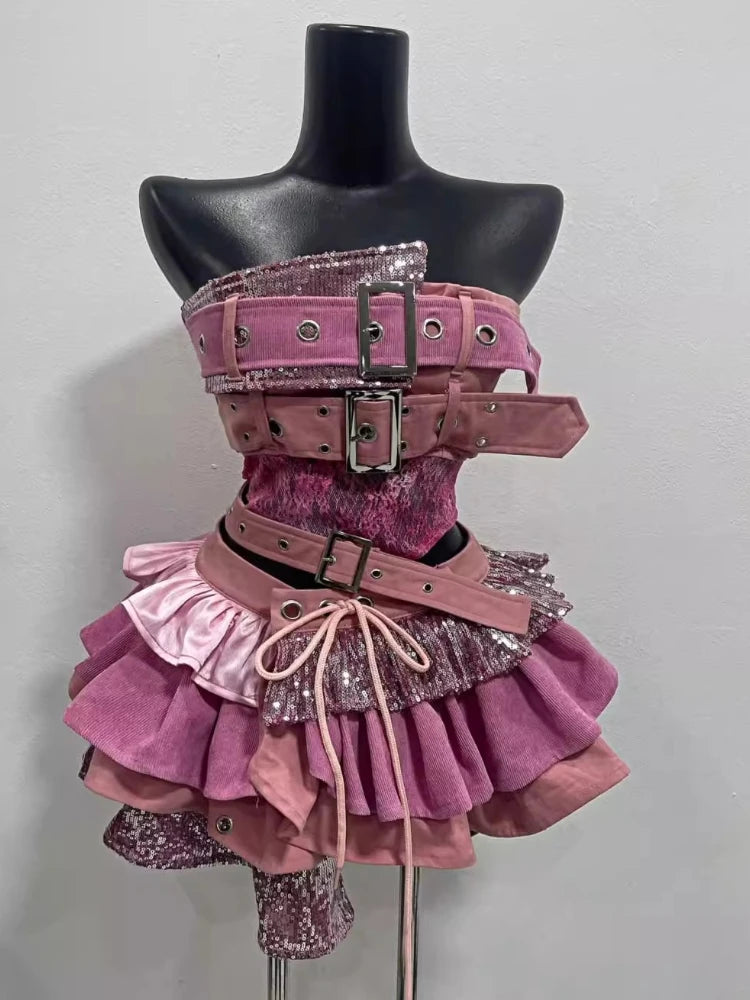 2000s Aesthetic Punk Style Women New 2 Piece Set Sexy Strapless Tops + High Waist Skirt Female Retro Chic Korean Popular Clothes