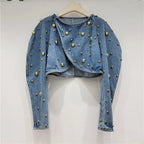 Spring Autumn Women Rivets Long Lantern Sleeve Denim Coat Short Pearls Beading Jeans Bomber Jacket Cowboy Cardigan Tops 2023 SS69
