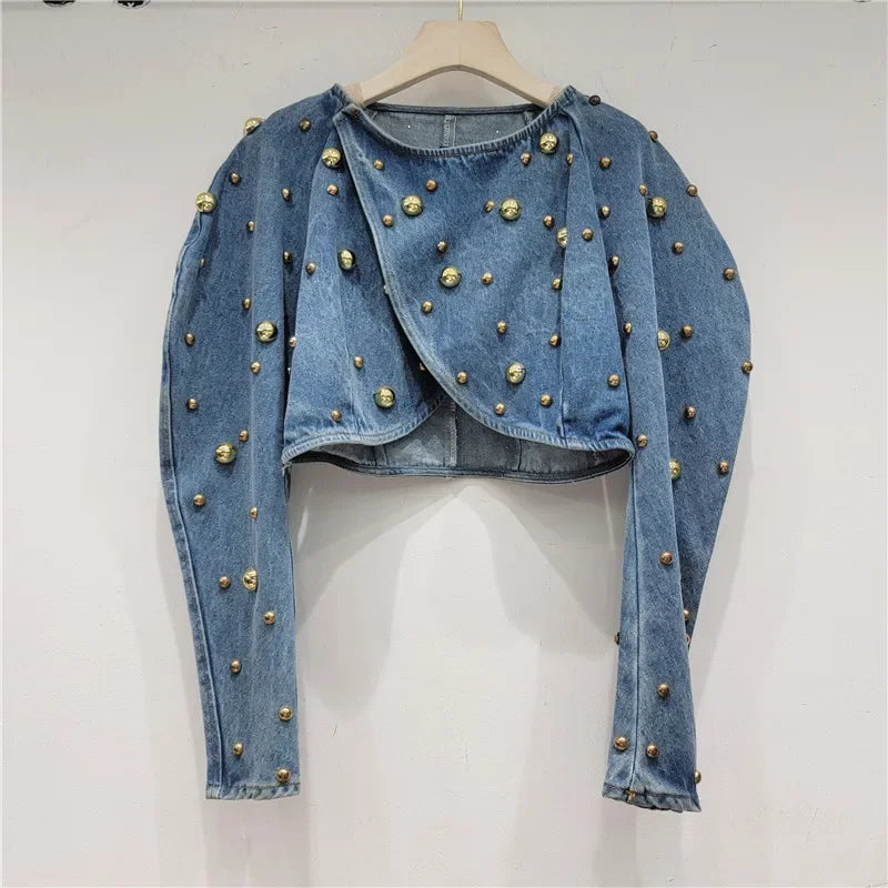 Spring Autumn Women Rivets Long Lantern Sleeve Denim Coat Short Pearls Beading Jeans Bomber Jacket Cowboy Cardigan Tops 2023 SS69