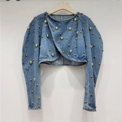 Spring Autumn Women Rivets Long Lantern Sleeve Denim Coat Short Pearls Beading Jeans Bomber Jacket Cowboy Cardigan Tops 2023 SS69