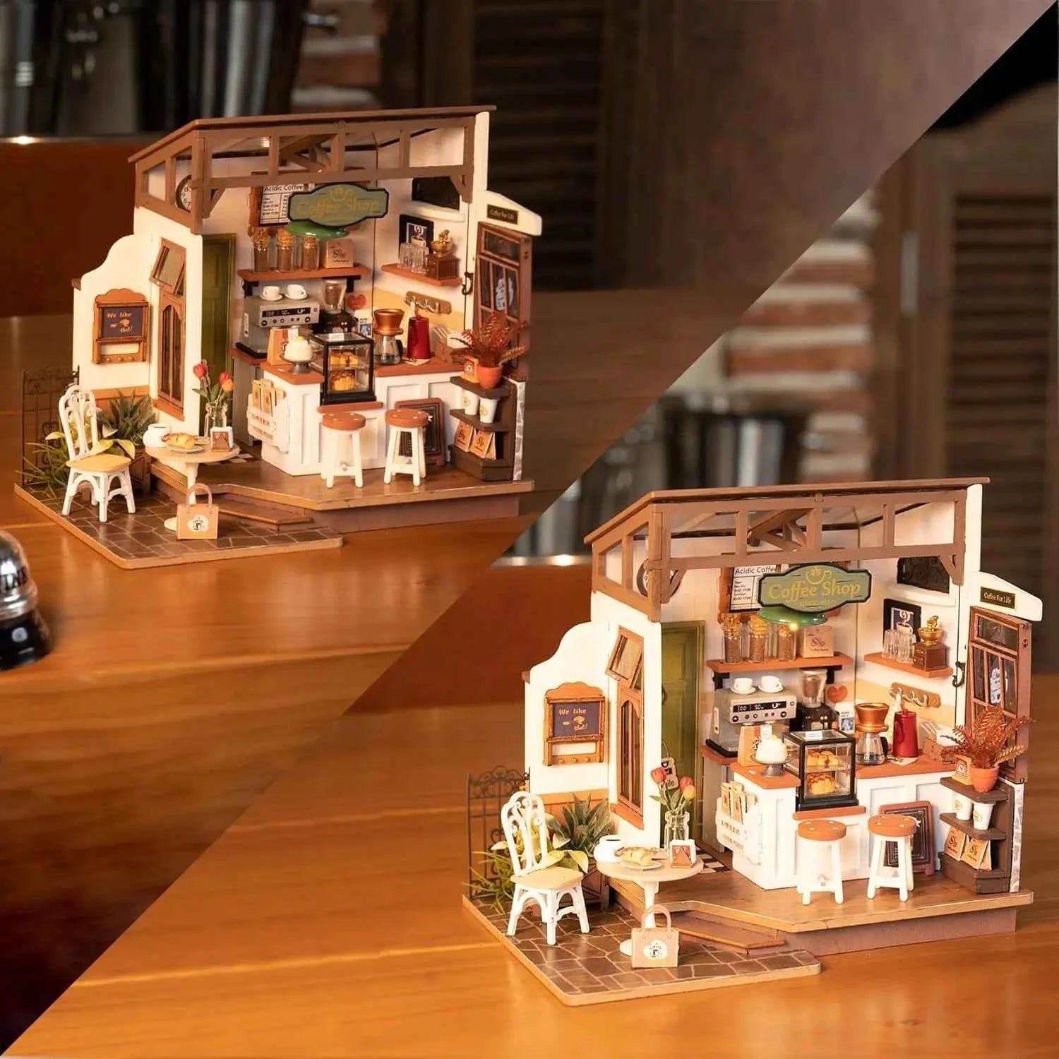 Robotime DIY Wooden Dollhouse Set  NO.17 Coffee Model Building Set with Accessories and LED Model Kit for Adult and Children
