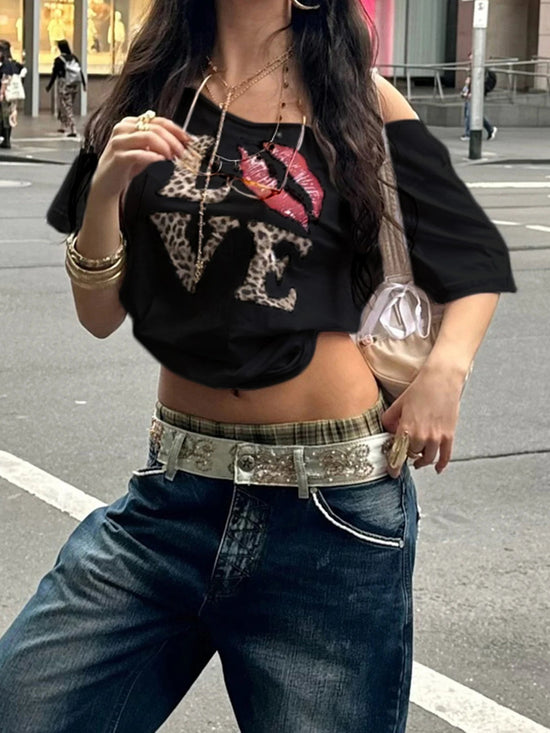 Cuteandpsycho Casual Sexy Crewneck Cropped Tops Slim Streetwear Summer Elastic Vintage Tees Short Sleeved Y2k Punk Clothings SS69