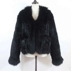 New Women Autumn Winter Knitted Real Rabbit Fur Coat 100% Natural Rabbit Fur Jacket With Fox Fur Collar Overcoat For Female