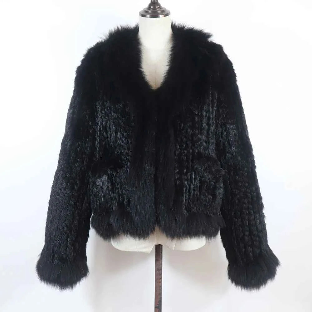 New Women Autumn Winter Knitted Real Rabbit Fur Coat 100% Natural Rabbit Fur Jacket With Fox Fur Collar Overcoat For Female
